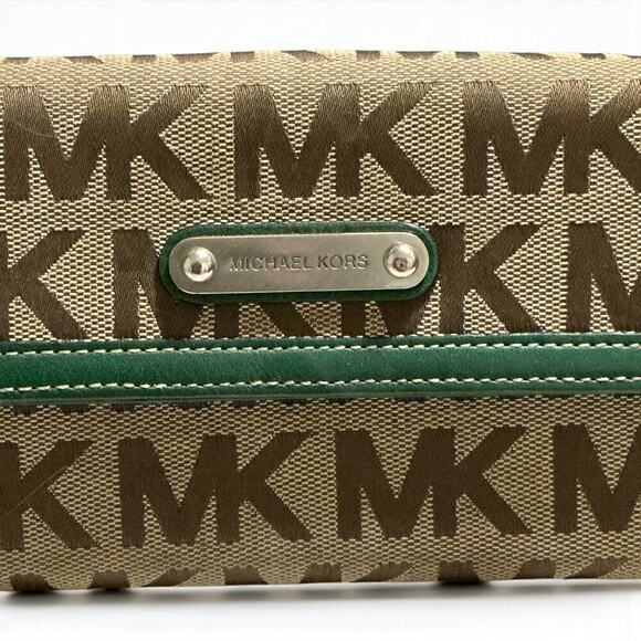 Michael Kors Monogram Green Trim Canvas Leather Wallet Clutch 7”x4” - Picture 12 of 15